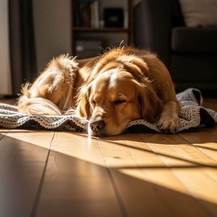 home and gift boutique cape town. a beautiful, happy golden retriever curled up asleep on a chic, cozy dog blanket