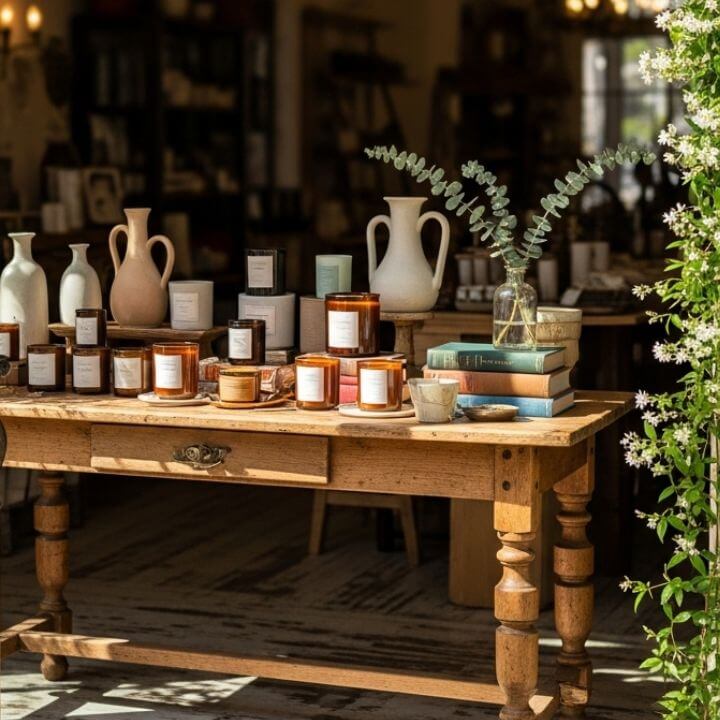 home and gift boutique cape town. an antique table with artisan products at pure plesier