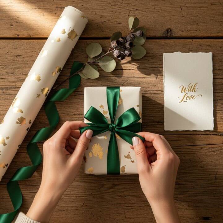 home and gift boutique cape town. hands carefully tying a silk ribbon around a beautifully wrapped gift on the rustic wooden table at pure plesier